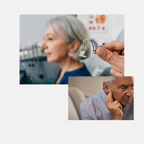 Two senior adults, one male, one female with hearing aids