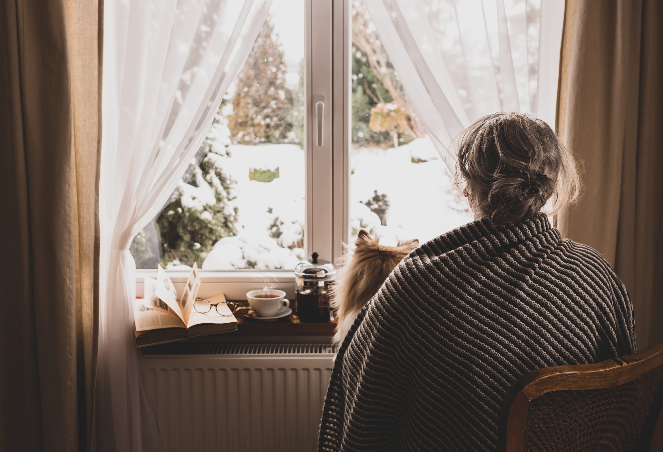 Senior adult woman sitting beside a window, with a blanket wrapped around her and a dog sitting on her lap. It is snowing outside.