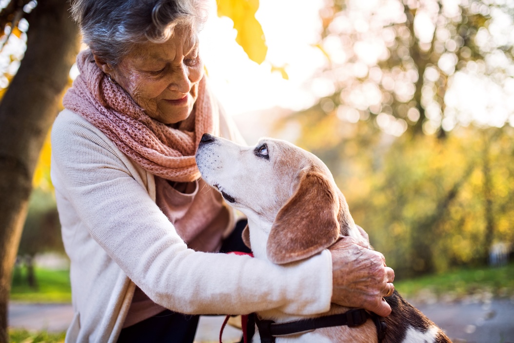 Senior adult woman hugging dog out on walk.