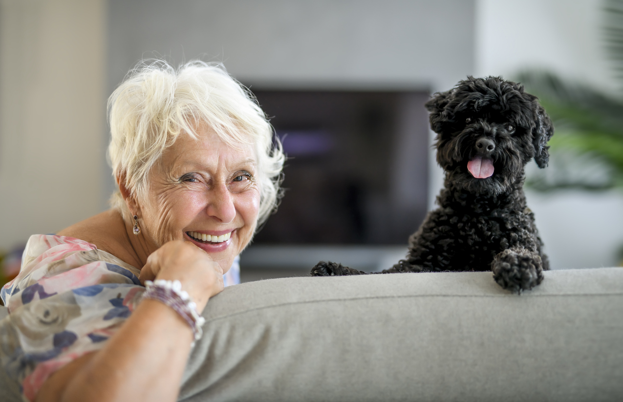 Senior woman relaxing at home with her small dog.
